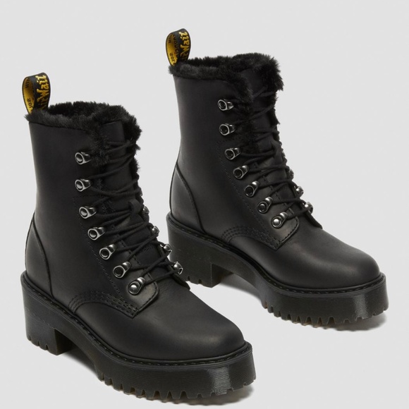 Dr. Martens Shoes - DR. MARTENS LEONA FAUX FUR PLATFORM LEATHER BOOTS